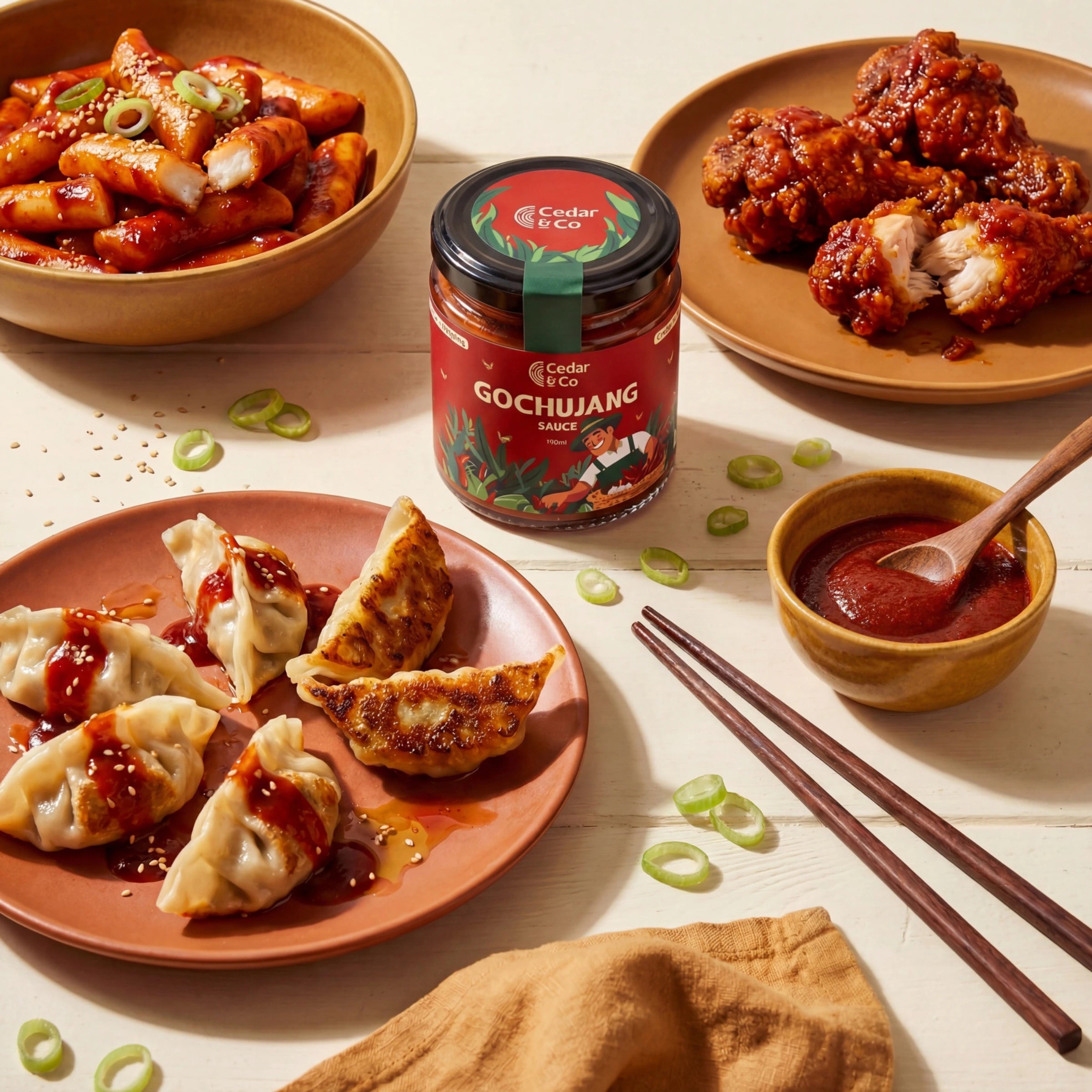 Cedar & Co Gochujang sauce jar surrounded by Korean dishes
