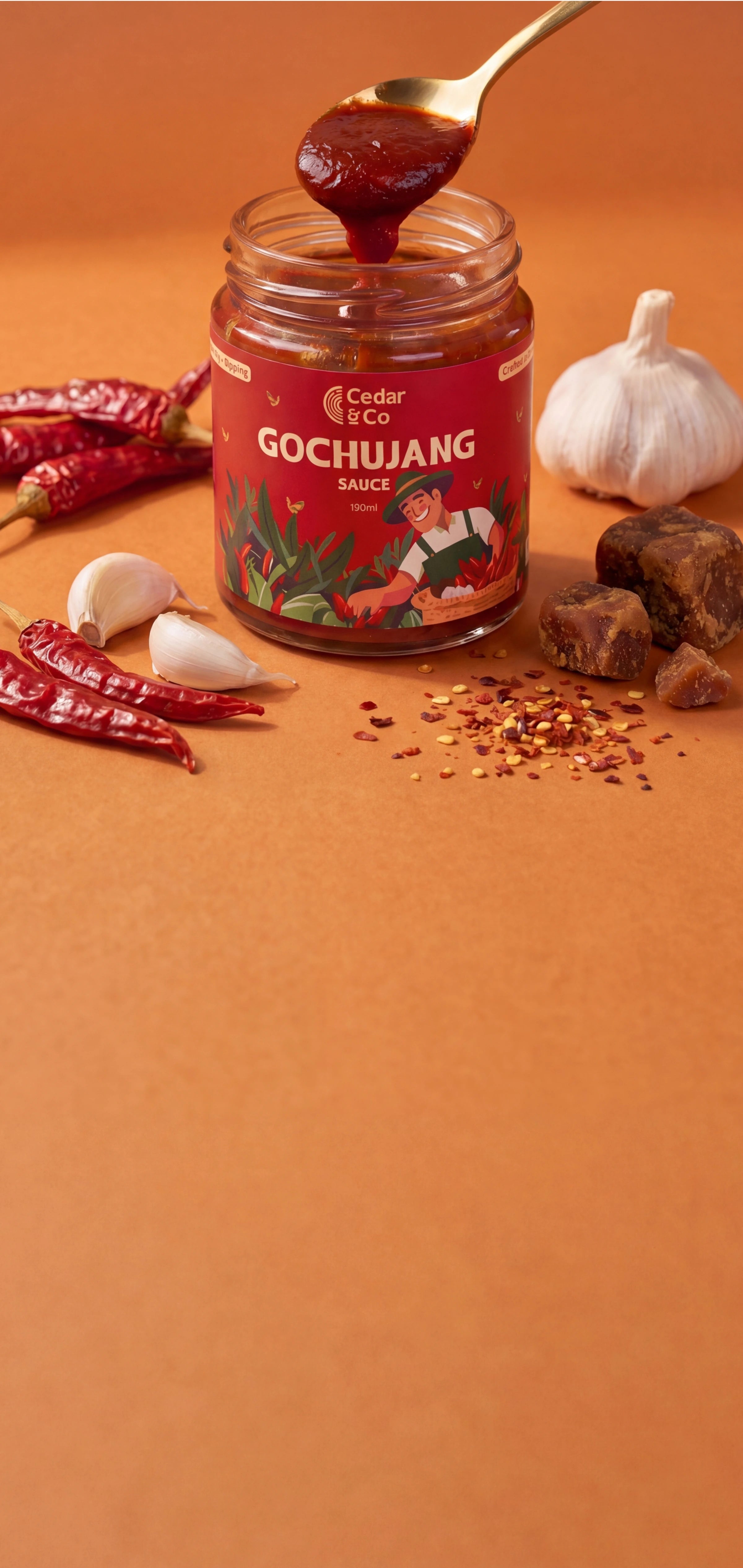 Cedar Gochujang jar with spoon dripping sauce, surrounded by Byadgi chillies, garlic and date palm jaggery